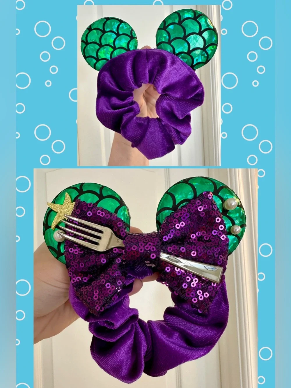The Little Mermaid Minnie Mouse Ears Scrunchie, Sequined Bow, Fork